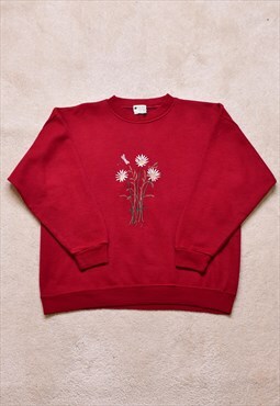 Women's Vintage 90s Red Floral Embroidered Sweater