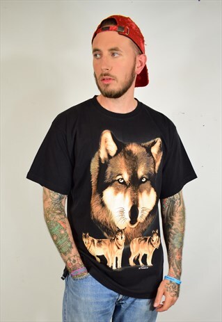 VINTAGE 90S BLACK WOLF PRINT FESTIVAL T SHIRT