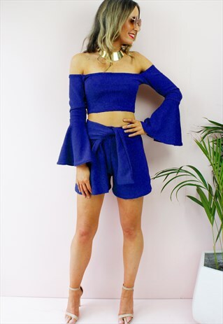 BLUE BARDOT CROP TOP HIGH WAIST MINI SHORTS SET
