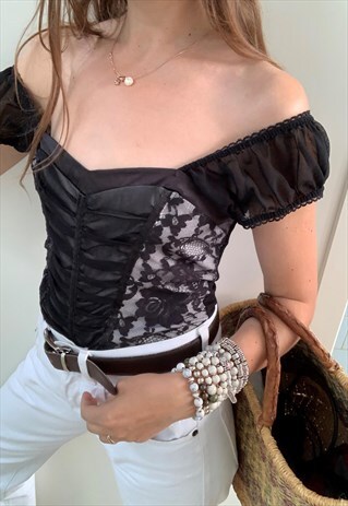 VINTAGE Y2K 00S LACE SEXY MILKMAID BLOUSE TOP BLACK