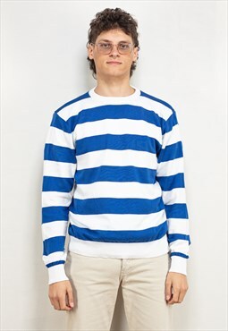 Vintage 90's Men Striped Sweater in White and Blue