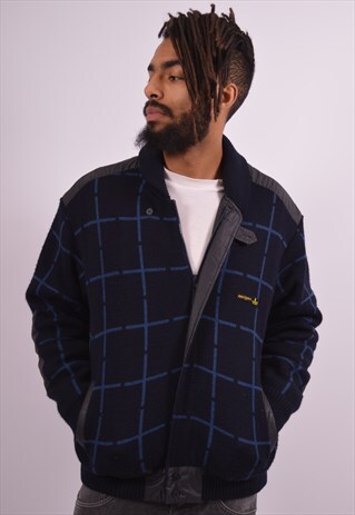 MENS VINTAGE JACKET LARGE NAVY BLUE CHECK 90S