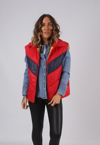 VINTAGE GILET JACKET FITTED RED UK 18 (LAJ)