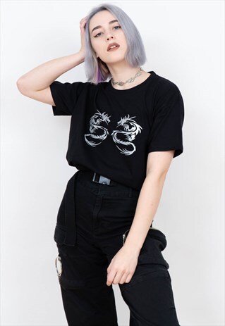 TRIBAL DRAGONS REFLECTIVE GRAPHIC T-SHIRT Y2K 2000S 00S