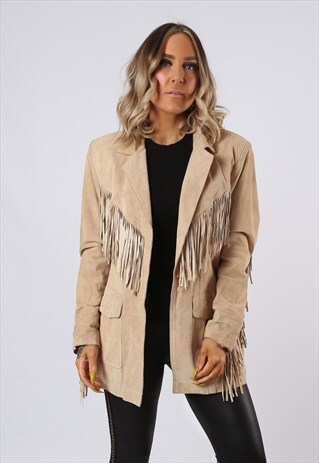 SUEDE LEATHER FRINGE TASSEL JACKET VINTAGE UK 10 (BFW)