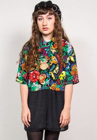 VINTAGE 90'S COLOURFUL FLORAL PRINT SHORT SLEEVE SHIRT