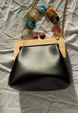 Black Wood Detail Clam Clasp Bag