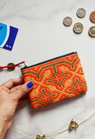 CROSS STITCH ORANGE WALLET CARD HOLDER WITH COIN CHARM
