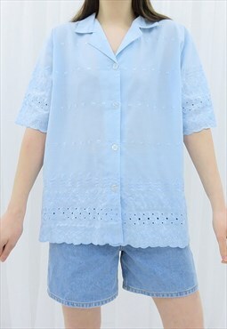 90s Vintage Light Blue Floral Embroidered Shirt