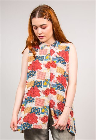 VINTAGE 90'S FLORAL CHECKED PATTERN SHIRT BLOUSE