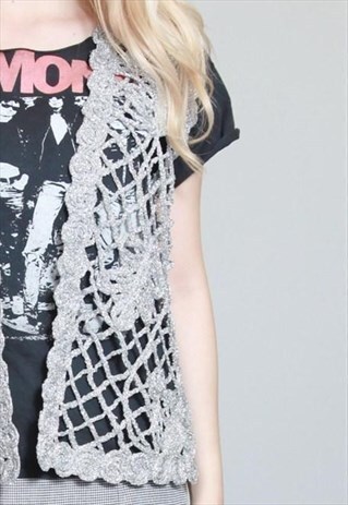 VINTAGE 1970'S AMAZING SILVER GLITTER CROCHET WAISTCOAT