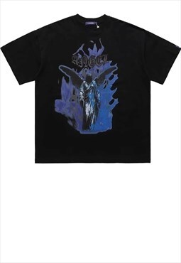 Angel print t-shirt retro flame top Gothic tee in black