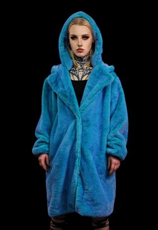 Neon faux fur long coat hooded trench bright raver bomber