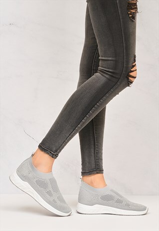 CLAUDIA KNITTED MESH DIAMANTE SLIP ON TRAINER IN GREY