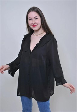 Vintage transparent black blouse, retro oversized shirt 