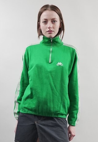 VINTAGE 80'S KAPPA STRIPE TAPE GREEN ZIP-UP SWEATER