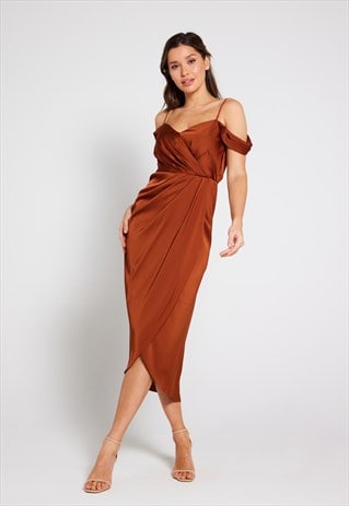 Isabella Bardot Satin Wrap Dress - Rust