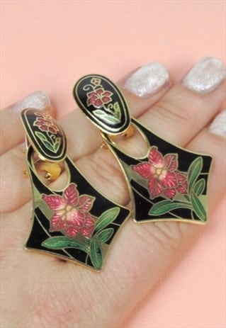 1980S FLOWER EARRINGS, CLOISONNE, ENAMEL, ORCHID, LILY