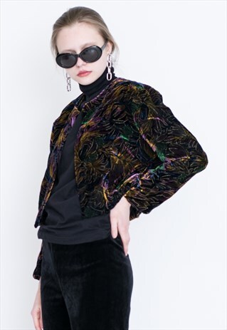 VINTAGE MULTI LEAF PATTERNED VELVET RETRO CROP JACKET