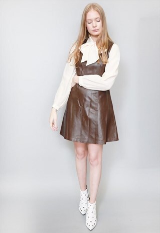 VINTAGE 1990'S BROWN LEATHER MINI DRESS