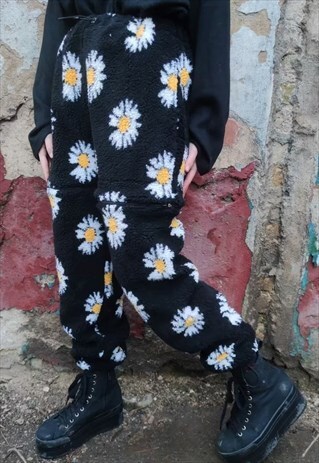 DAISY FLEECE JOGGERS DETACHABLE HANDMADE FLORAL OVERALLS