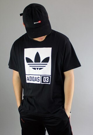 VINTAGE ADIDAS ORIGINALS BLACK TEE WITH WHITE BLOCK LOGO