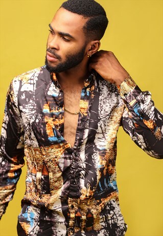 ABSTRACT GRUNGE ART LONG SLEEVE SILK SHIRT