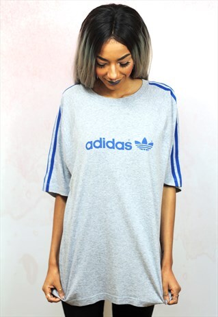 1990S VINTAGE BRANDED GREY AND BLUE STRIPES SPORTS TEE