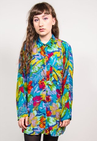 VINTAGE 90'S COLOURFUL FLORAL PRINT LONG SLEEVE SHIRT