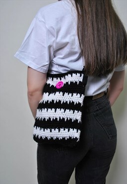 Y2k striped tote bag, 00s fashion boho knit shoulder bag 