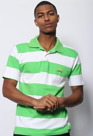 VINTAGE PAUL & SHARK LOGO STRIPED POLO SHIRT GREEN AND WHITE