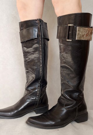 VINTAGE TALL BLACK FLAT LEATHER BOOTS, EUR 39 / UK 6.5