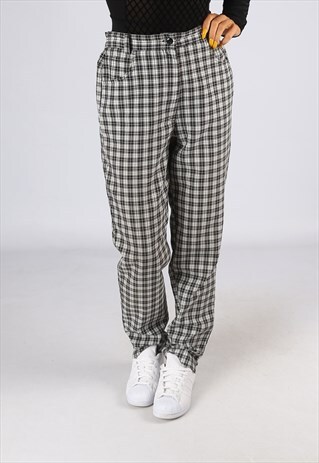 HIGH WAISTED TROUSERS TARTAN CHECKED WIDE TAPERED UK 12 (25L