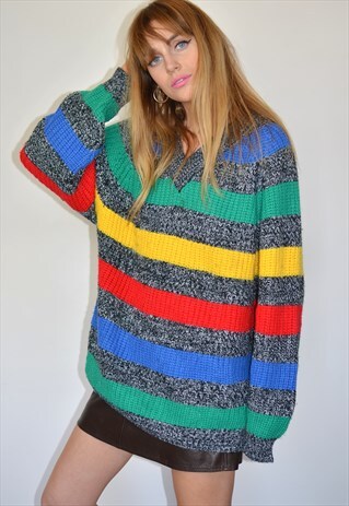 VINTAGE GREY RAINBOW STRIPE SLOUCHY KNITTED JUMPER