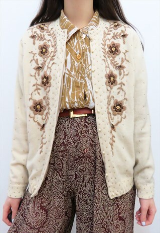BEAUTIFUL 80S VINTAGE CREAM & GOLD FLORAL BEADED CARDIGAN