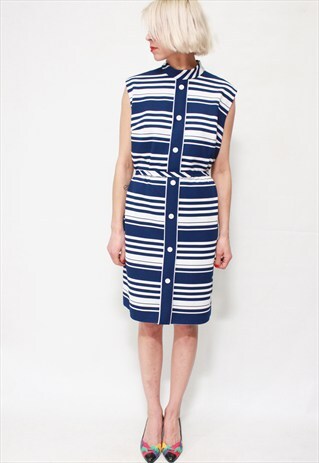 VINTAGE 60'S BEAUTIFUL CUTE STRIPED BLUE DRESS