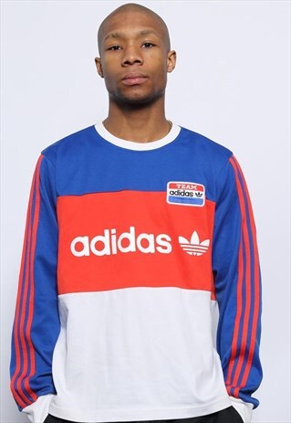VINTAGE ADIDAS BIG SPELL OUT LOGO SPORT SWEATSHIRT TOP BLUE