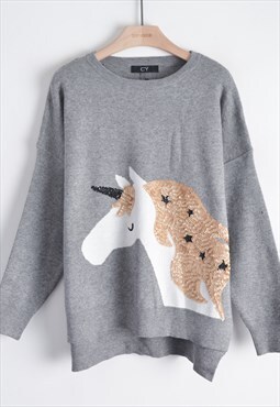 Jumper with Sequin Embellished Unicorn in Grey