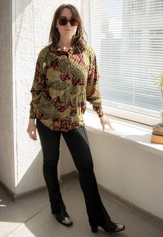 VINTAGE 80'S GREEN/RED ANIMAL PRINT VISCOSE SHIRT