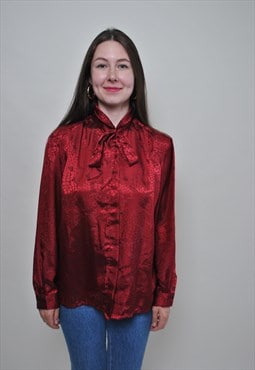 Red evening blouse, tie collar button up formal shirt