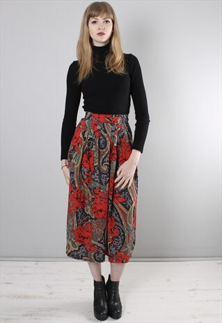 VINTAGE 80S PAISLEY FLORAL PATTERNED MIDI SKIRT