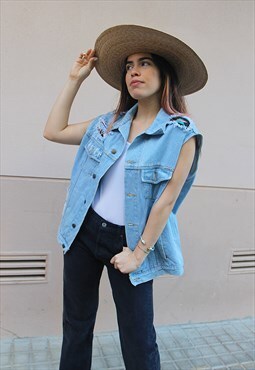 Pale Blue Denim Sleeveless Jean Jacket with Patches