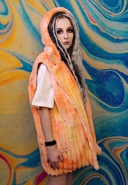 Tie-dye fleece gilet handmade sleeveless hood jacket orange