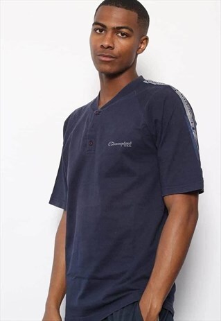 VINTAGE CHAMPION BUTTON UP TAPE LOGO T-SHIRT BLUE