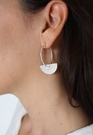 HALF MOON SILVER HOOPS EARRINGS SEMICIRCLE BOHO EARRINGS