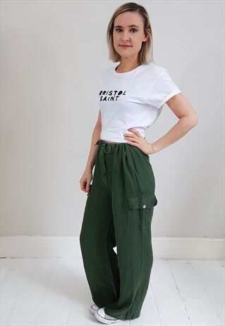 VINTAGE 90'S KHAKI GREEN DRAWSTRING SLOUCHY CARGO TROUSERS