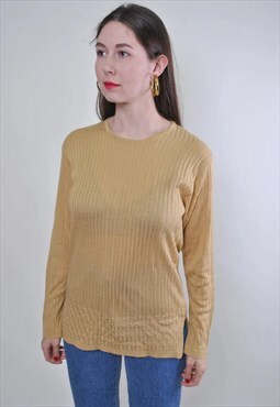 Women vintage beige striped rhinestones sweatshirt 