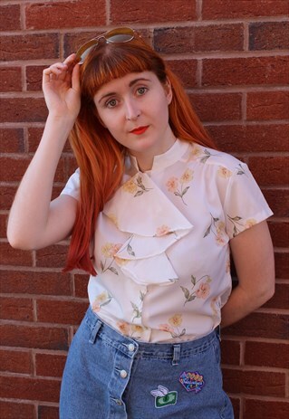VINTAGE 80'S WHITE & YELLOW FLORAL RUFFLE SUMMER BLOUSE