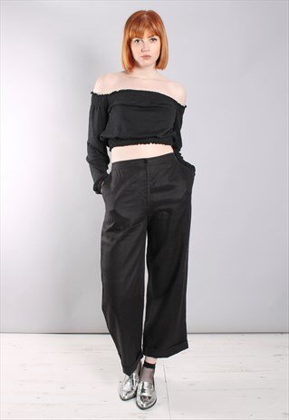 VINTAGE 90S BLACK LINEN WIDE LEG TROUSERS
