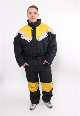 Retro black ski suit, vintage one piece snowsuit, Size L